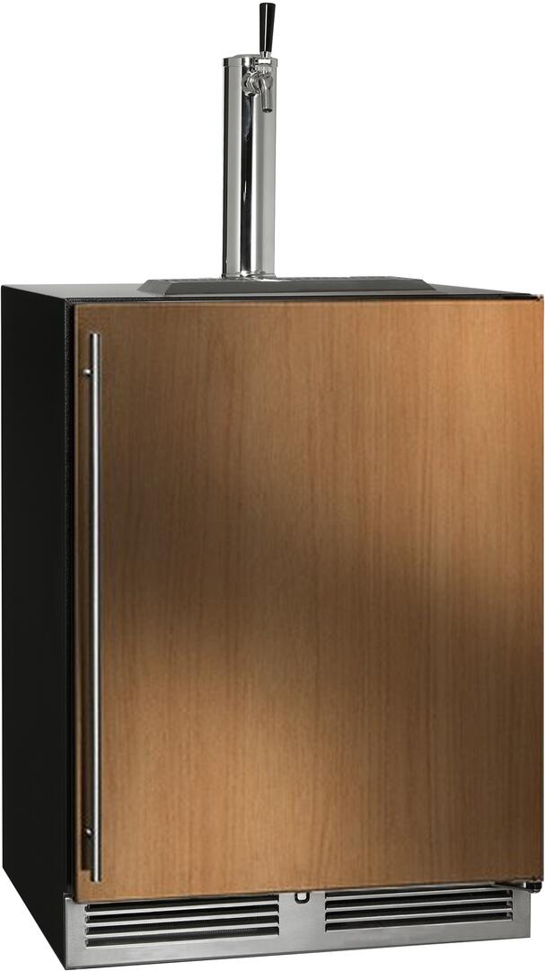 Indoor beer dispenser with wood cabinet door, stainless tap tower, and front vent grille