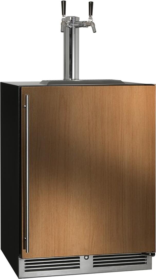 Indoor beer dispenser in wood finish with stainless faucets and side access panel