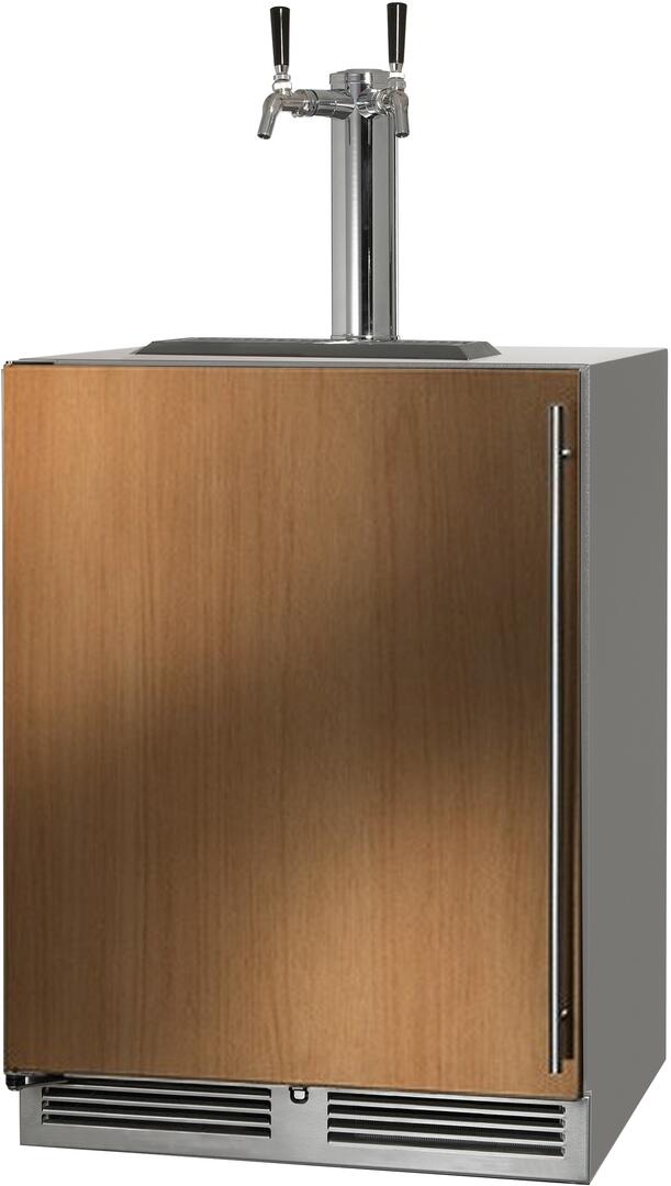 Outdoor beer dispenser with wood cabinet, stainless taps on black top, and front door vents