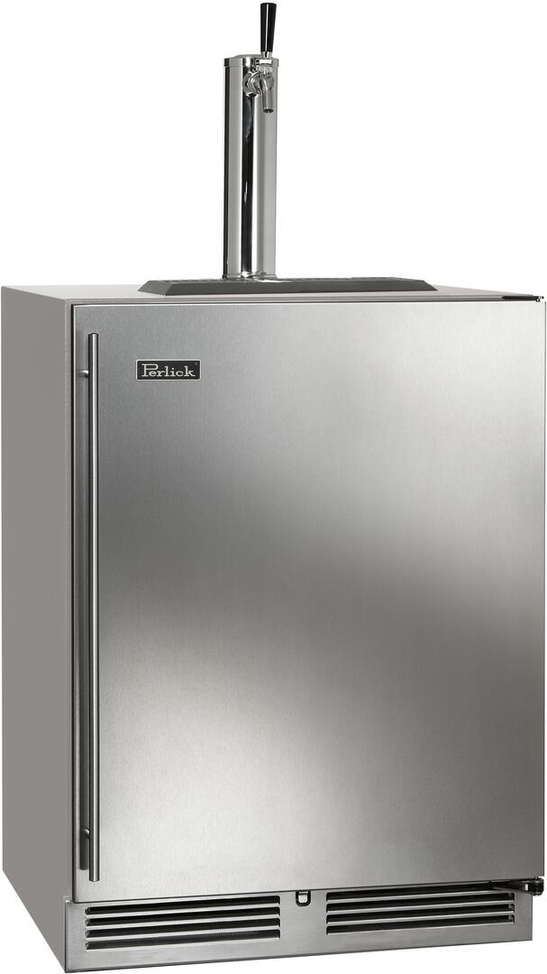 Stainless steel beer dispenser with Perlick logo, side door and draft tower