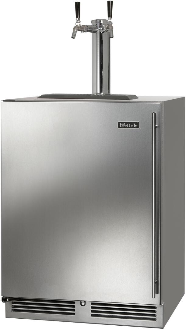 Stainless steel outdoor beer dispenser with two draft faucets, front view