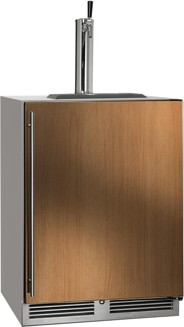 Outdoor beer dispenser with wood door and stainless tap tower, side handle, lower vents