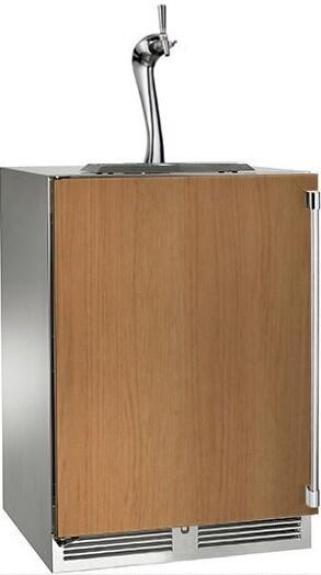 24-inch indoor beer dispenser cabinet with wood panel front and chrome faucet
