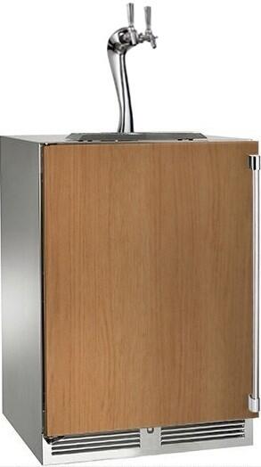 Beer dispenser with stainless body, wood-paneled door, and top-mounted faucet tap.