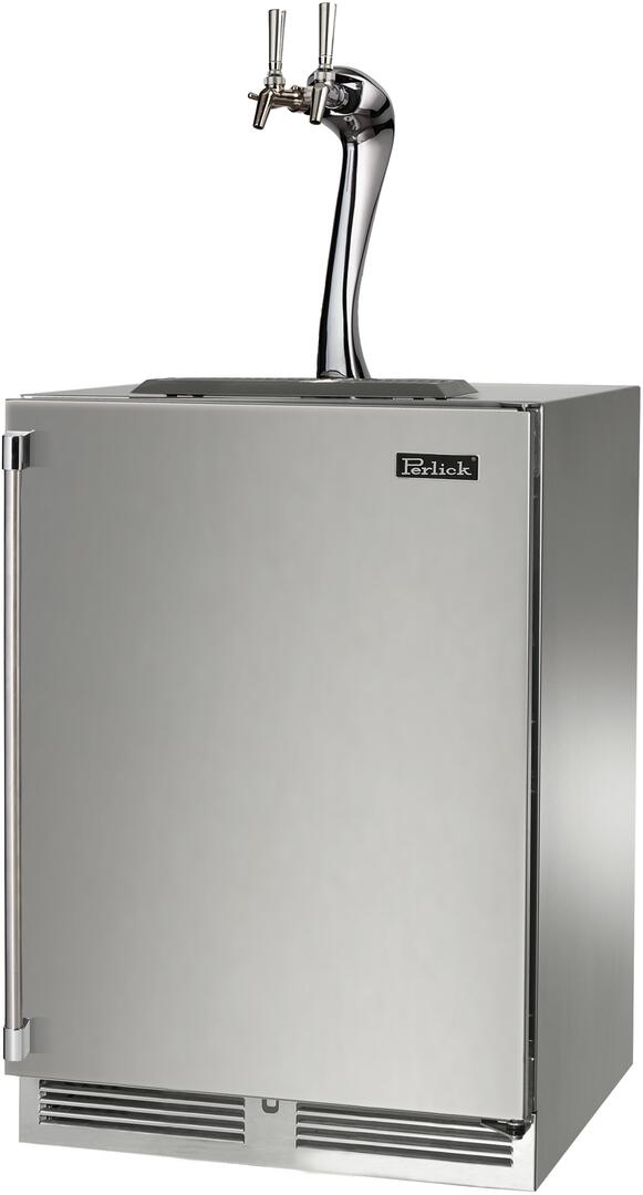 Perlick stainless steel beer dispenser with dual taps on top and side hinges