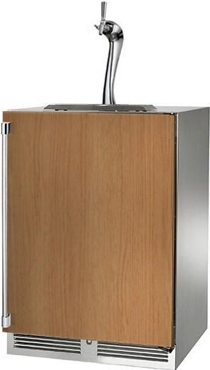 Beer dispenser cabinet with wood front panel, chrome faucet, and vented base