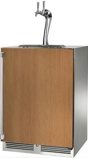 Compact beer dispenser with stainless sides, wood panel front, and faucet on top.