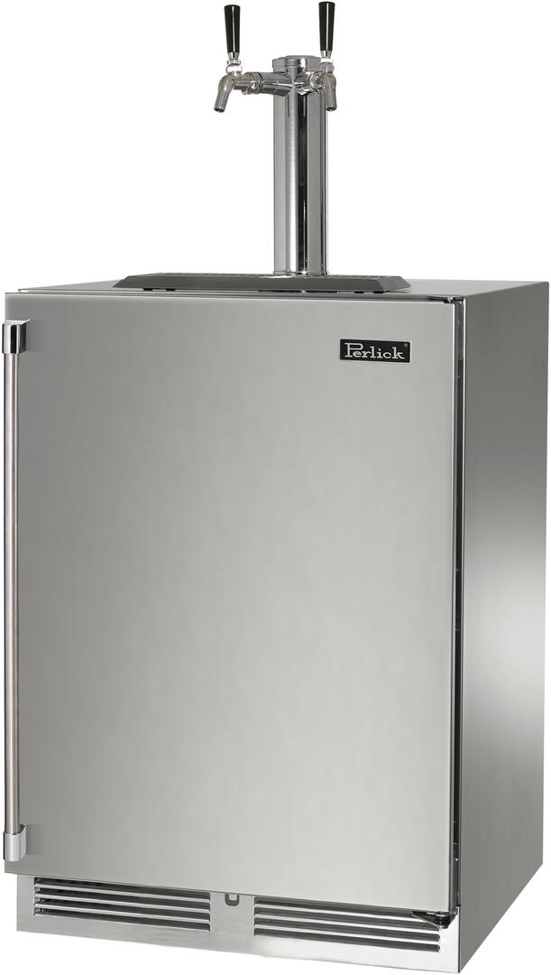 Perlick stainless steel beer dispenser with dual taps and front door, angled view
