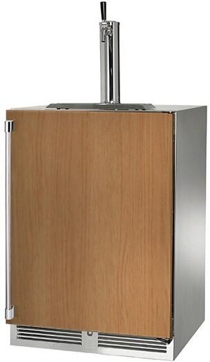 Outdoor beer dispenser with wood front panel, stainless body, and draft tap on top