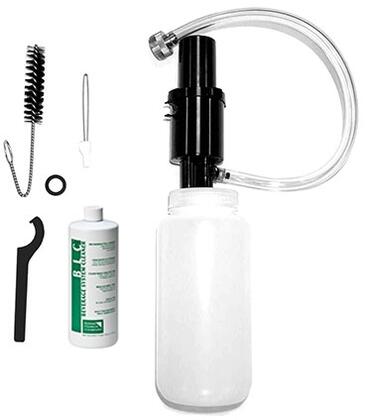 Beer dispenser cleaning kit with pump, clear tube, brush, sanitizer bottle, and small tools
