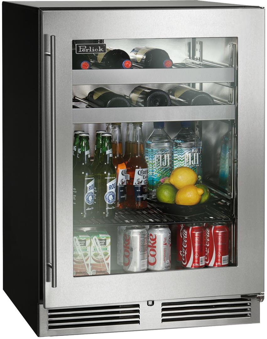 Stainless steel beverage center with glass door and shelves, angled front view