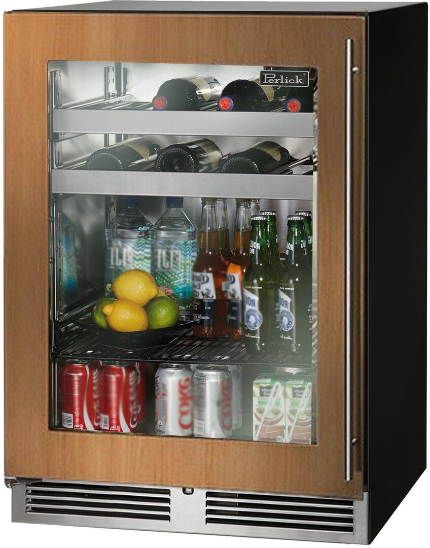 Built-in beverage center with wood trim and clear glass door, visible shelves and drinks