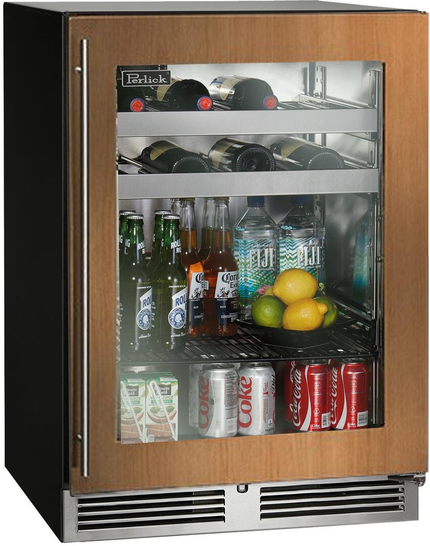 Built-in beverage center with clear glass door, shelves inside, wood frame and black sides