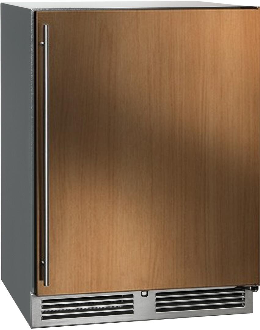 Panel-ready compact refrigerator with wood door, side handle, stainless side panels, vent grilles