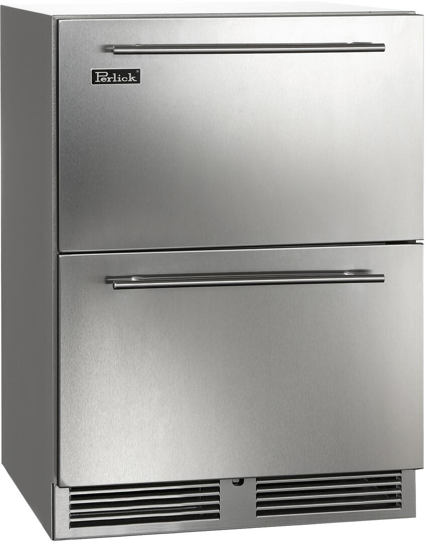 Perlick outdoor built-in drawer refrigerator in stainless steel, two drawers with bar handles