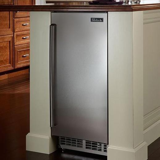 Perlick stainless steel outdoor undercounter ice maker with front grille and door handle