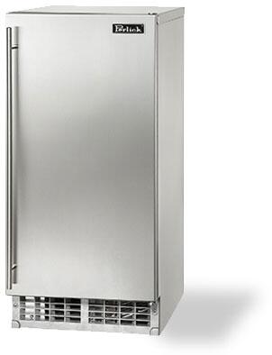 Stainless steel Perlick undercounter ice maker angled view with side door and ice bin