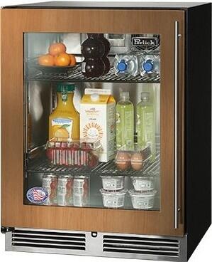 Built-in counter-depth compact refrigerator with glass door and visible interior shelves