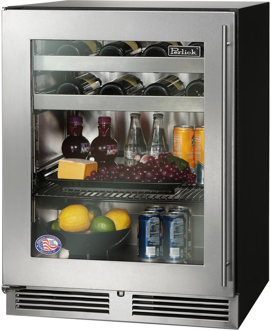 Stainless beverage center with glass door showing wine, bottles, jars and fruit