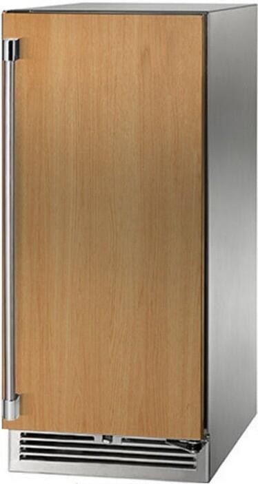 Built-in compact refrigerator with stainless sides, wood panel door, and bottom vent grille