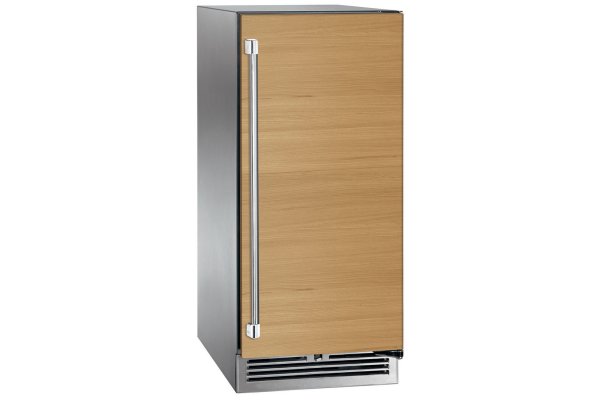 Undercounter ice maker with reversible door and wood panel, stainless steel trim