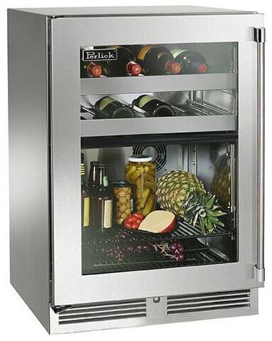 Stainless beverage center with glass door, interior shelves and bottle racks