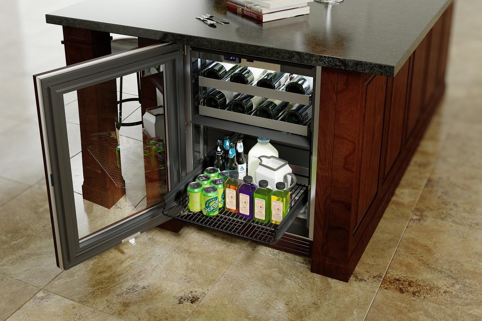 Stainless built-in beverage cooler with open glass door, interior shelves with bottles and containers