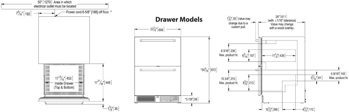Technical dimension diagram for a built-in counter depth drawer refrigerator