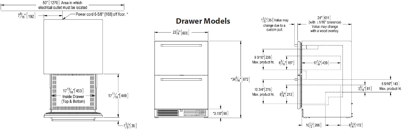 Technical line diagram of built-in compact freezer drawer model with dimension callouts