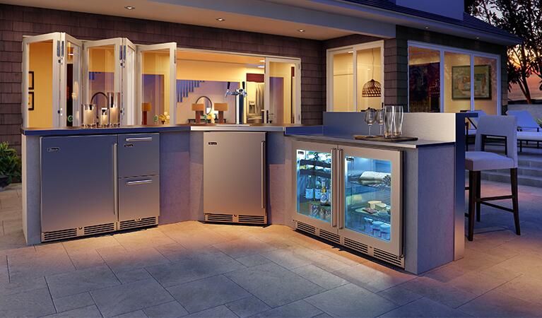 Stainless steel outdoor built-in compact refrigerator with glass door and handle