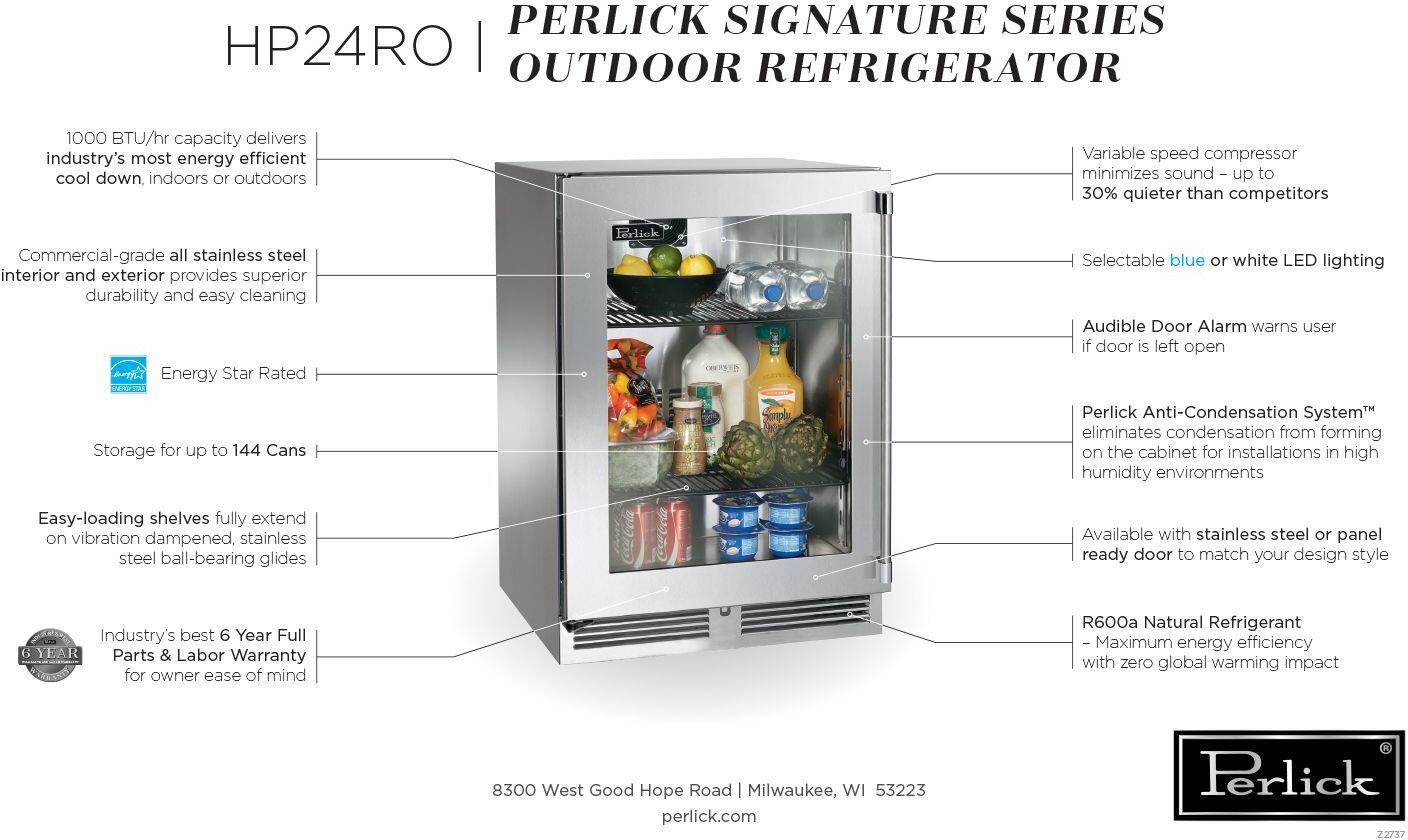 Outdoor refrigerator specifications sheet with front view and feature callouts