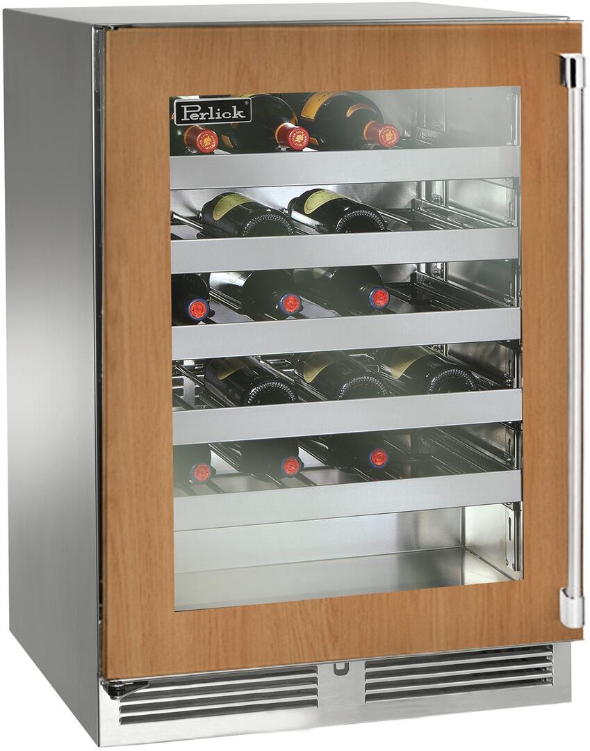 Built-in wine cooler with wood panel and clear glass door, stainless shelves, bottles visible