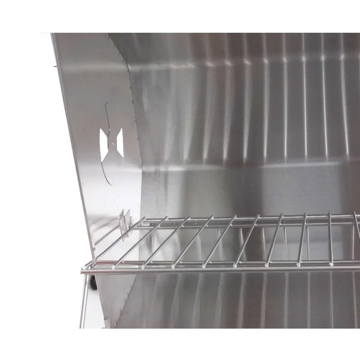 Stainless firebox interior with cooking grate and vertical airflow openings