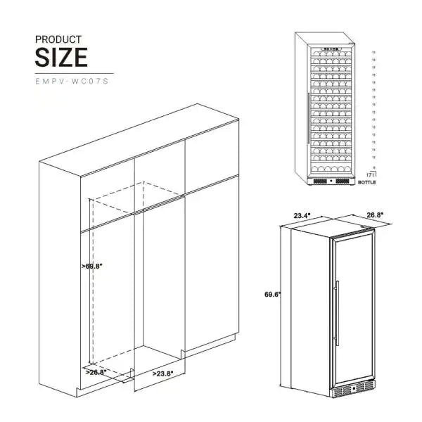 Wine cooler product size diagram with dimensions and bottle capacity chart