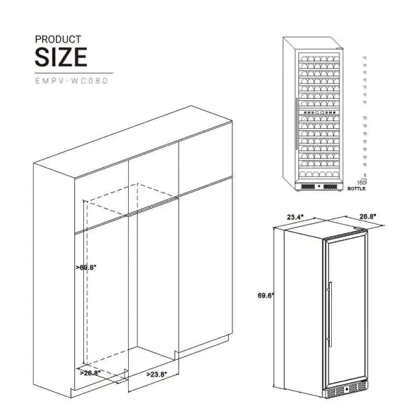 Wine cooler product size diagram with bottle layout and exterior dimensions