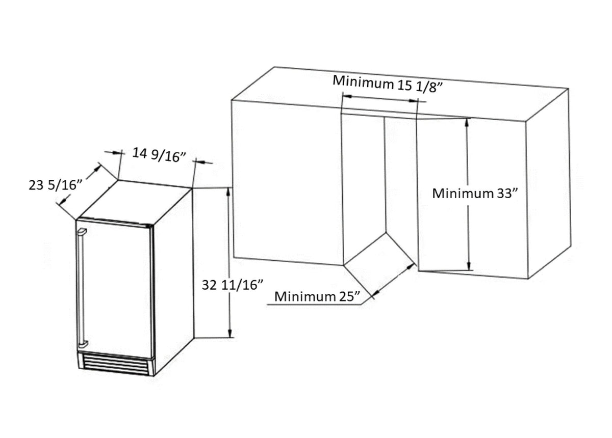 Ice maker installation clearance diagram showing minimum 25" and 33" dimensions