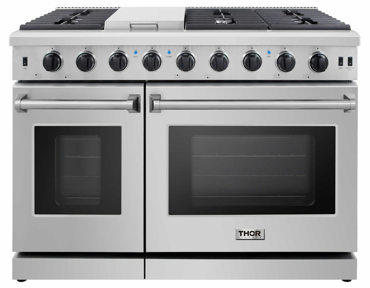 Stainless steel gas range front view with dual ovens and knob control panel
