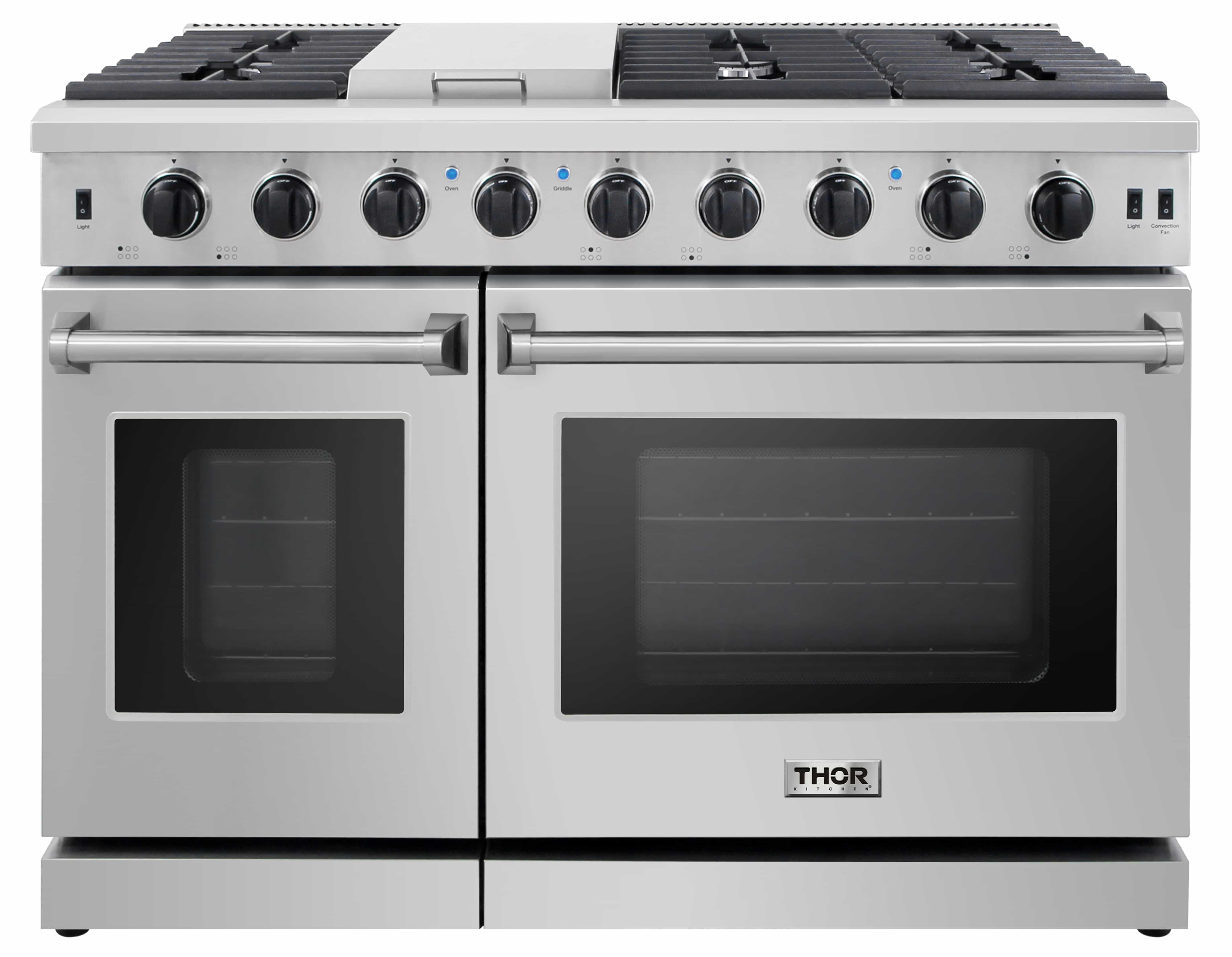 Stainless steel gas range front with two oven doors and top burner control knobs