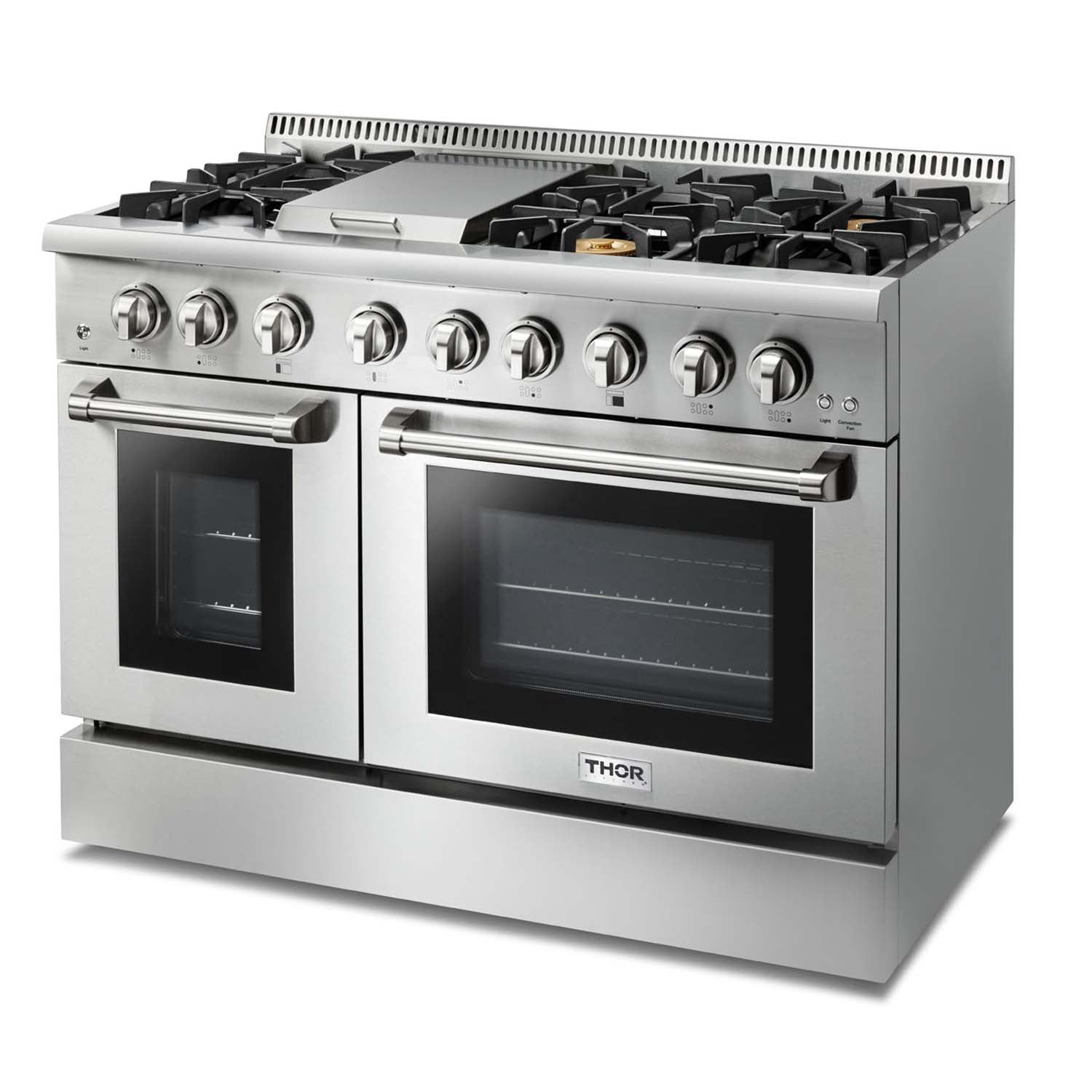 Stainless steel dual fuel range with control knobs and gas burners, front studio view.