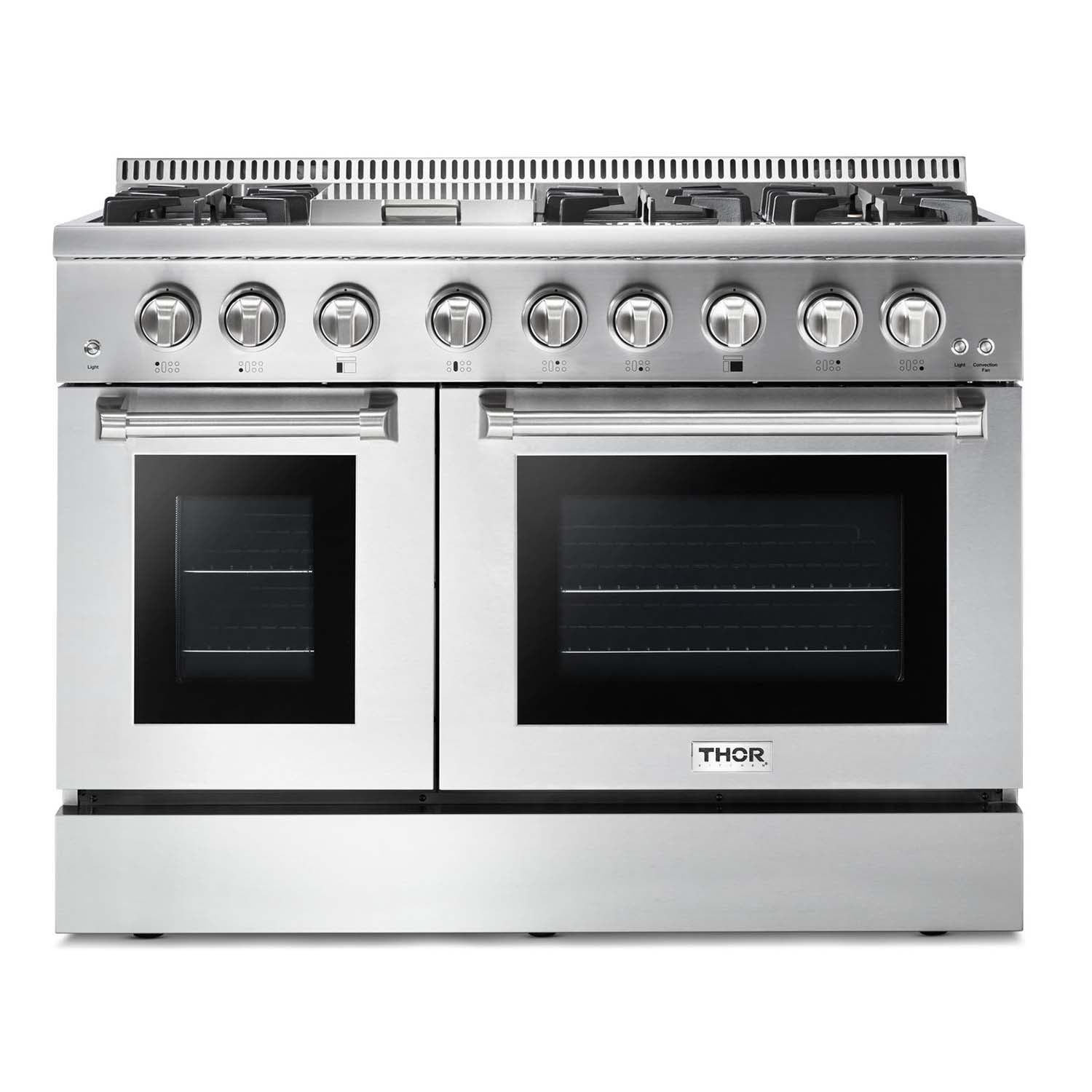 Stainless steel dual fuel range with two glass doors and control knobs, studio view.