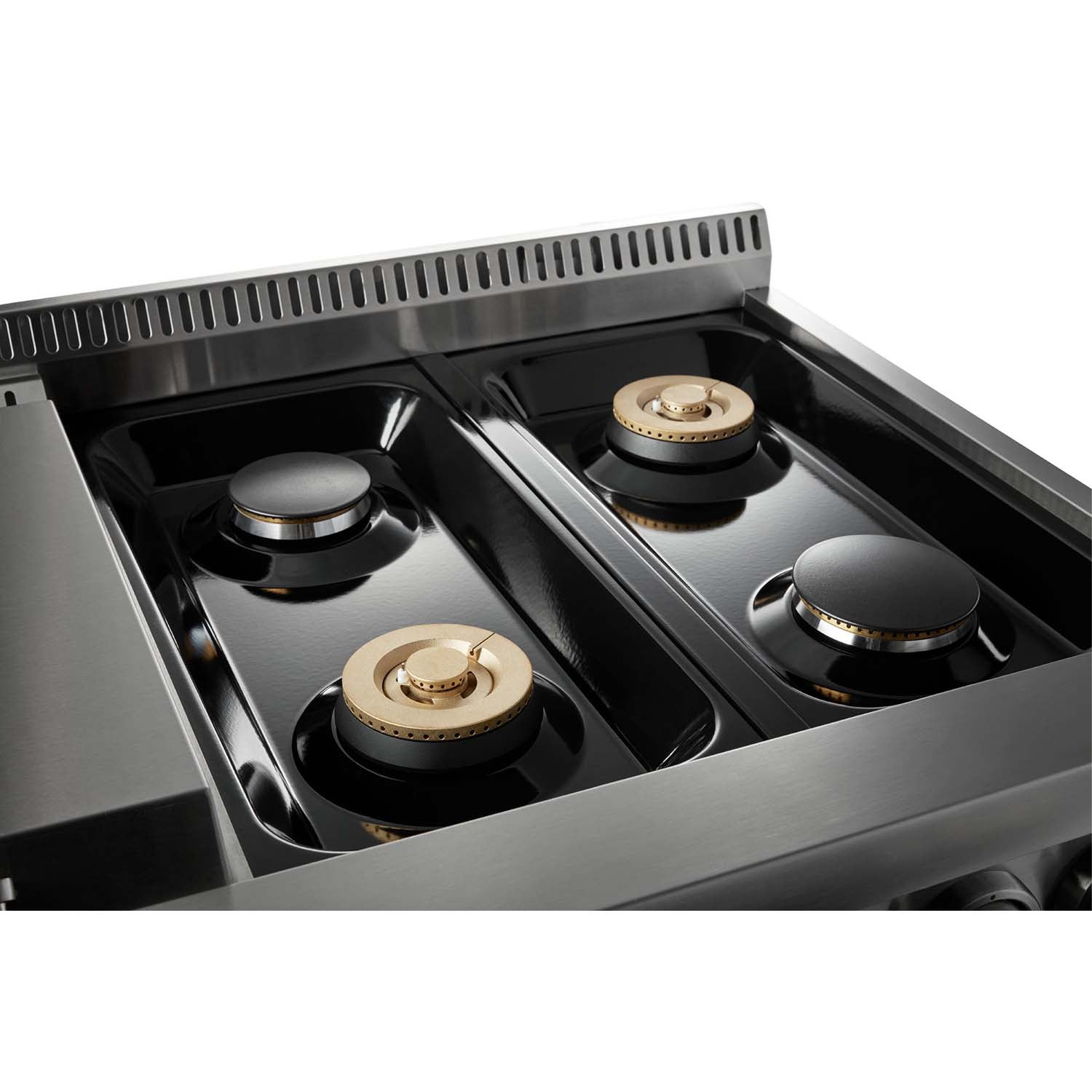 Stainless steel gas cooktop with four burners and grates, close-up.
