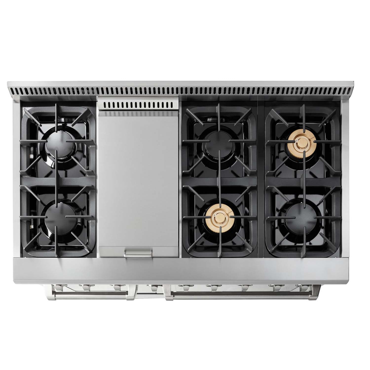 Stainless steel dual fuel range back view with four burner grates and central panel
