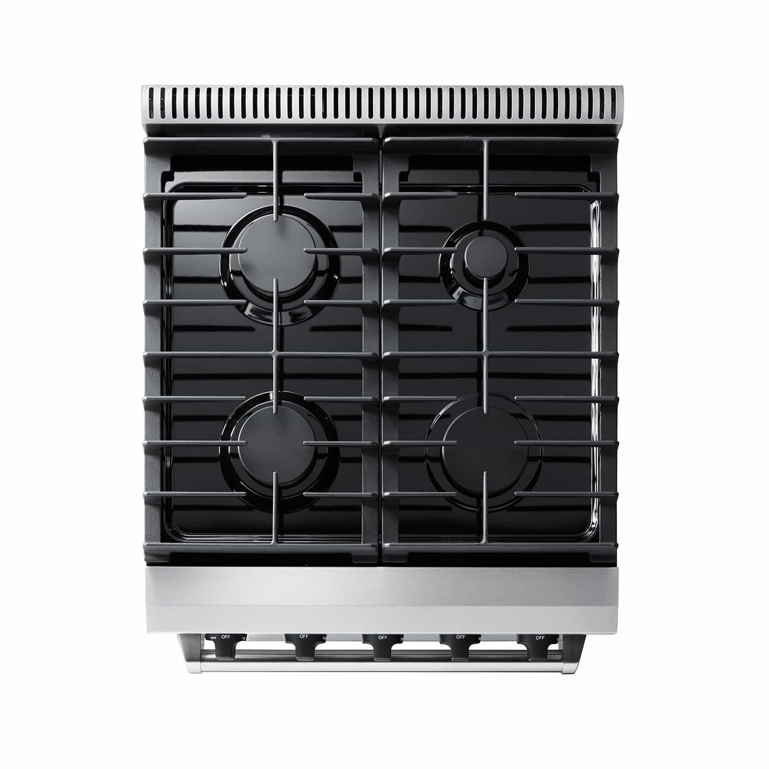 Natural gas cooktop with four black grates and burner caps