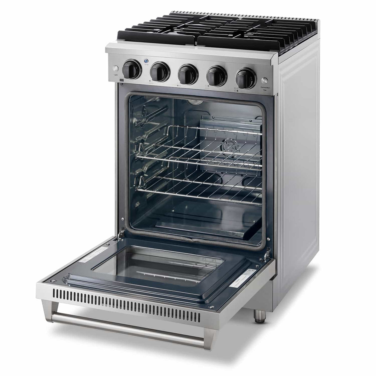 Stainless steel oven with open door showing wire racks and bake tray