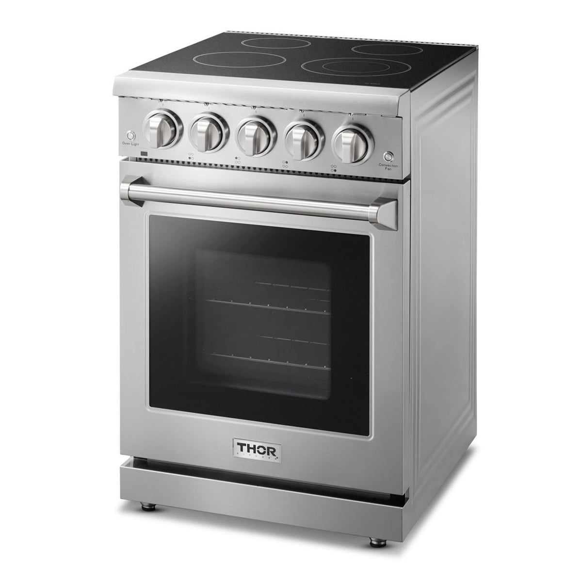 Stainless electric range with closed oven door and front control knobs
