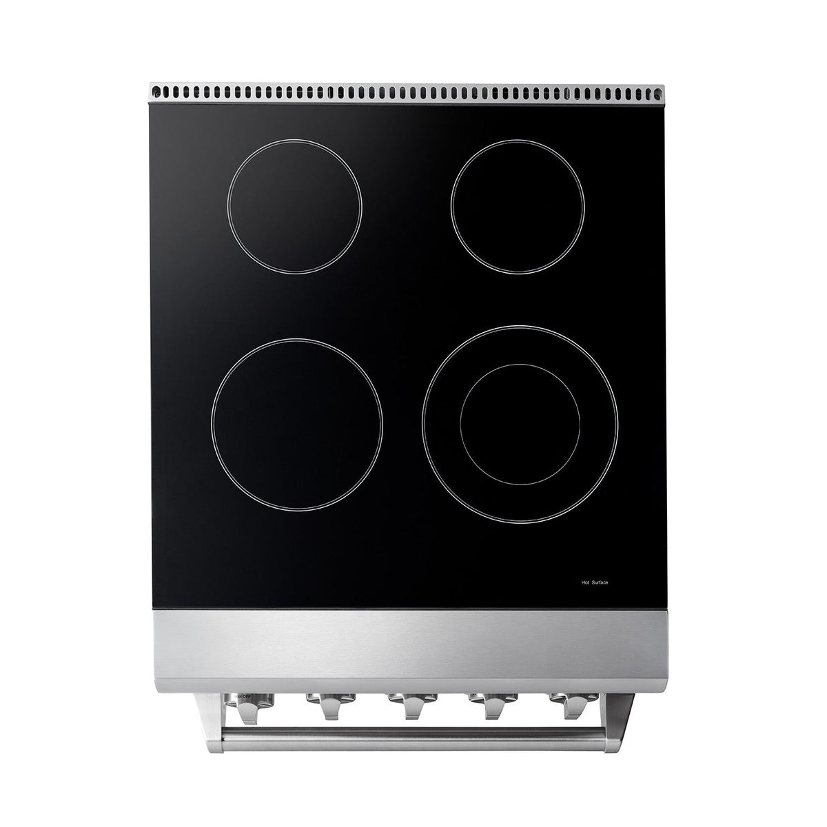 Black electric cooktop with four round heating elements and chrome trim
