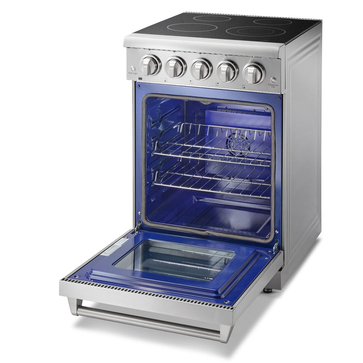 Stainless electric range with open oven door and glass window