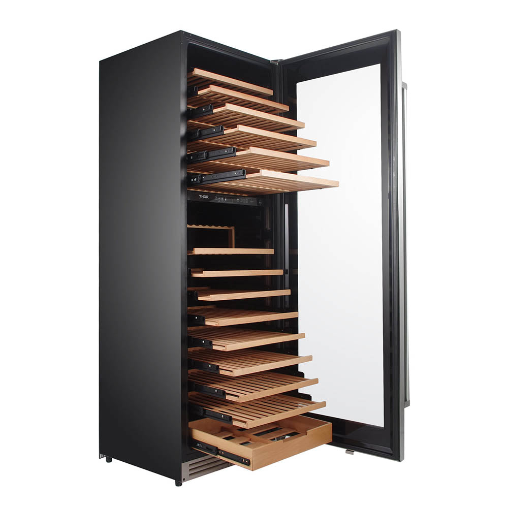 Freestanding stainless steel wine cooler with door open, showing wooden pull-out wine racks