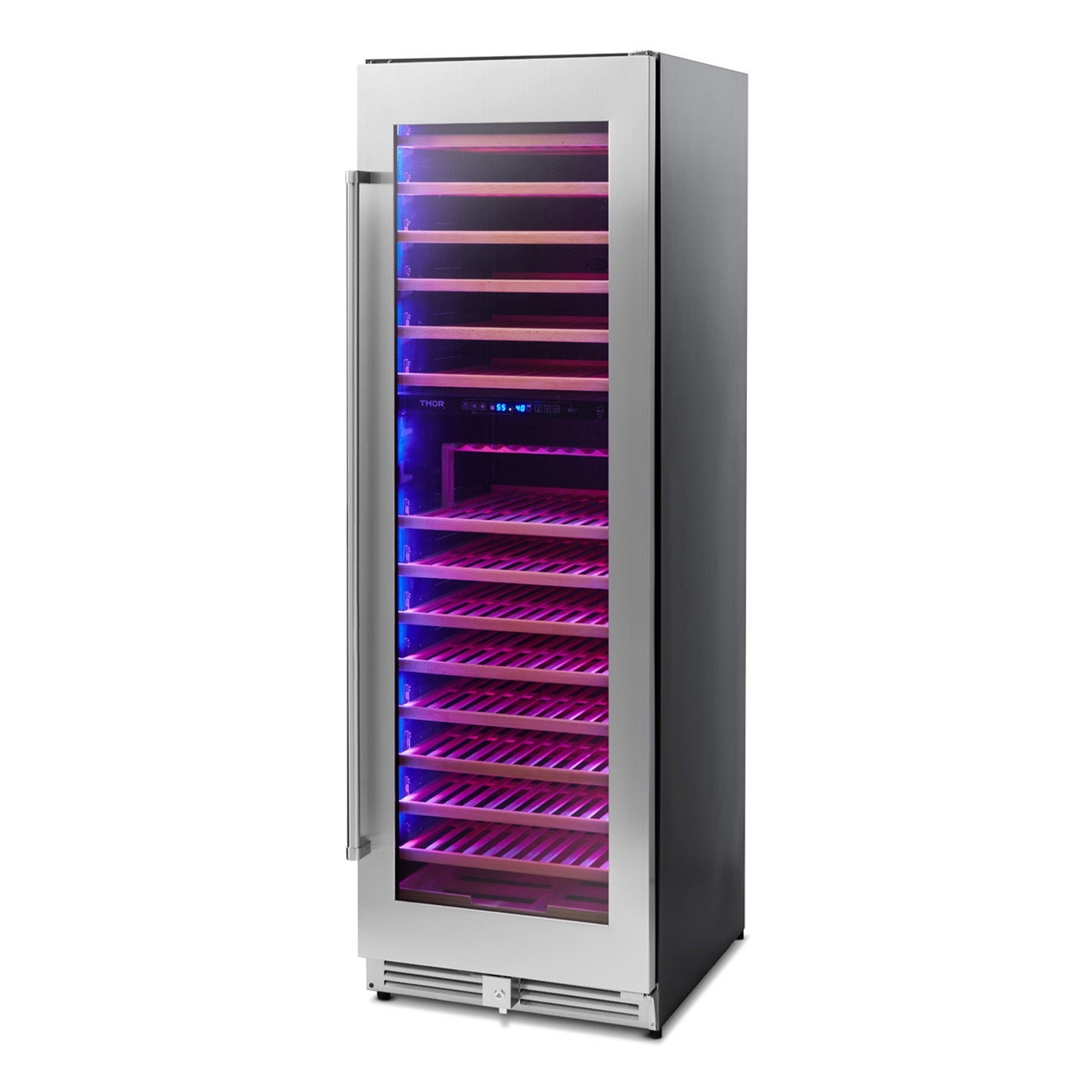 Freestanding stainless wine cooler with door open, wooden racks and purple-blue interior LEDs