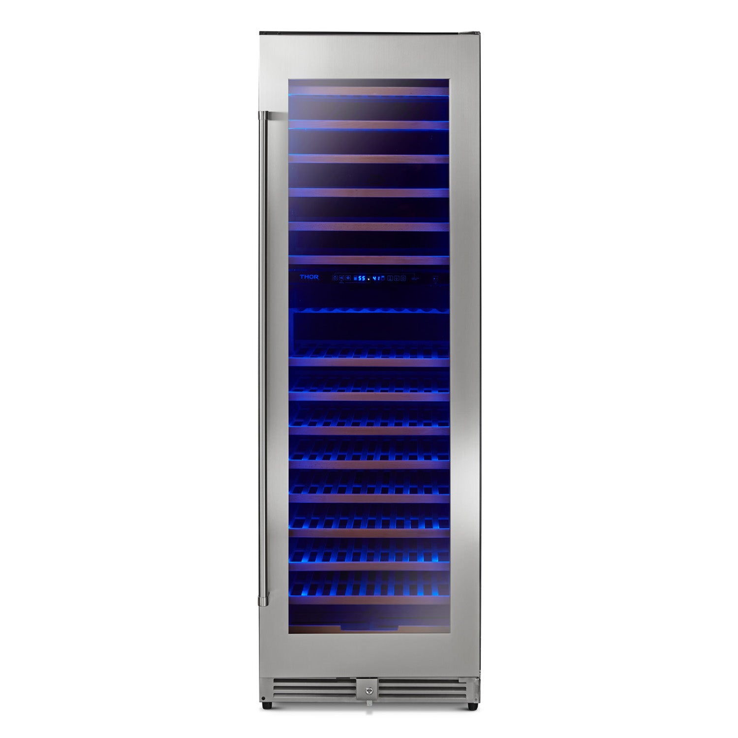 Freestanding stainless wine cooler with glass door closed, wooden racks and blue interior lighting